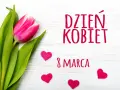 Różowy tulipan i serduszka na białym tle. Napis "Dzień Kobiet w Polsce" i "8 Marca" przypomina o święcie.