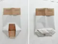 Dwie wersje torebki z papieru diy. Lewa pokazuje dno w trakcie składania, prawa – gotowe, płaskie dno.