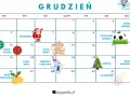 Kalendarz na grudzień z Mikołajkami, Dniem Piłki Nożnej, Wigilią i Bożym Narodzeniem.