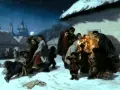 Grupa ludzi świętuje szczodre gody na mroźnym, nocnym tle. Dzieci bawią się na śniegu, a dorośli gromadzą się przy oknie, by ogrzać się przy ogniu.