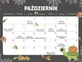 Październikowy kalendarz z jesiennymi liśćmi i żółwiem z dynią. 8 października to Dzień Znaczka Pocztowego. Święta nietypowe w październiku.