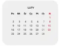 Kalendarz luty 2026. Widoczne dni tygodnia i daty, z zaznaczonymi czerwonymi cyframi dniami 1, 8, 15, 22.