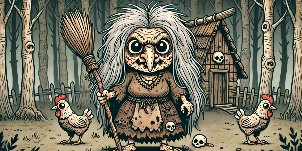 Baba Jaga z miotłą i kurami przed chatką w lesie.