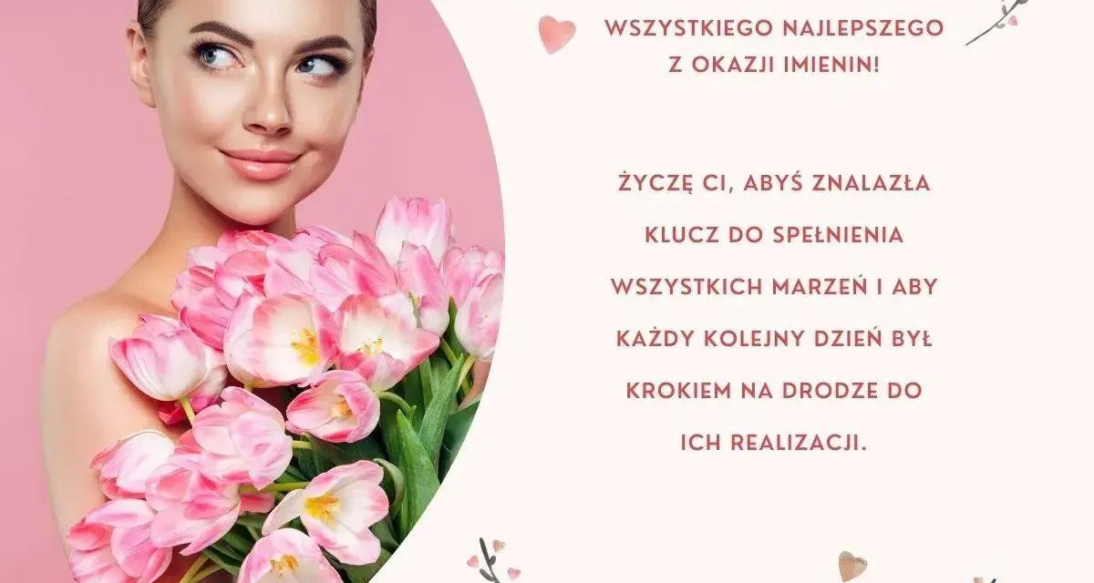 Kobieta z bukietem różowych tulipanów świętuje imieniny Maksymiliana. Życzenia spełnienia marzeń.