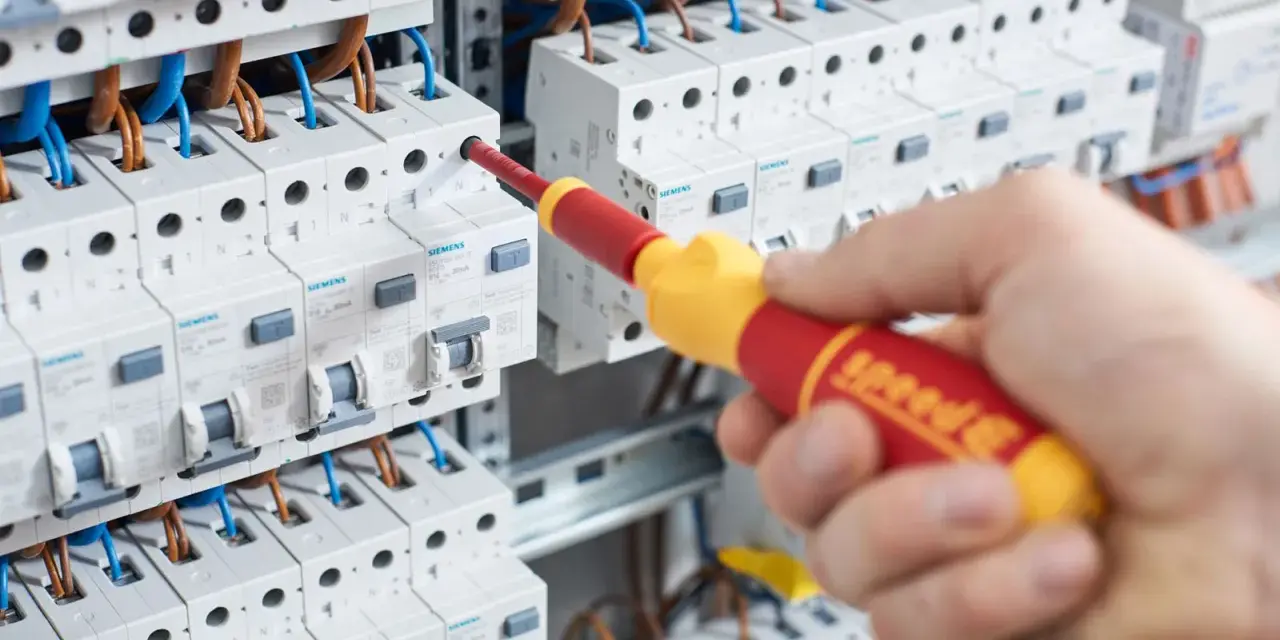 Dłoń trzymająca śrubokręt przy skrzynce z bezpiecznikami. To praca na **dzień elektryka**, gdzie precyzja jest kluczowa.