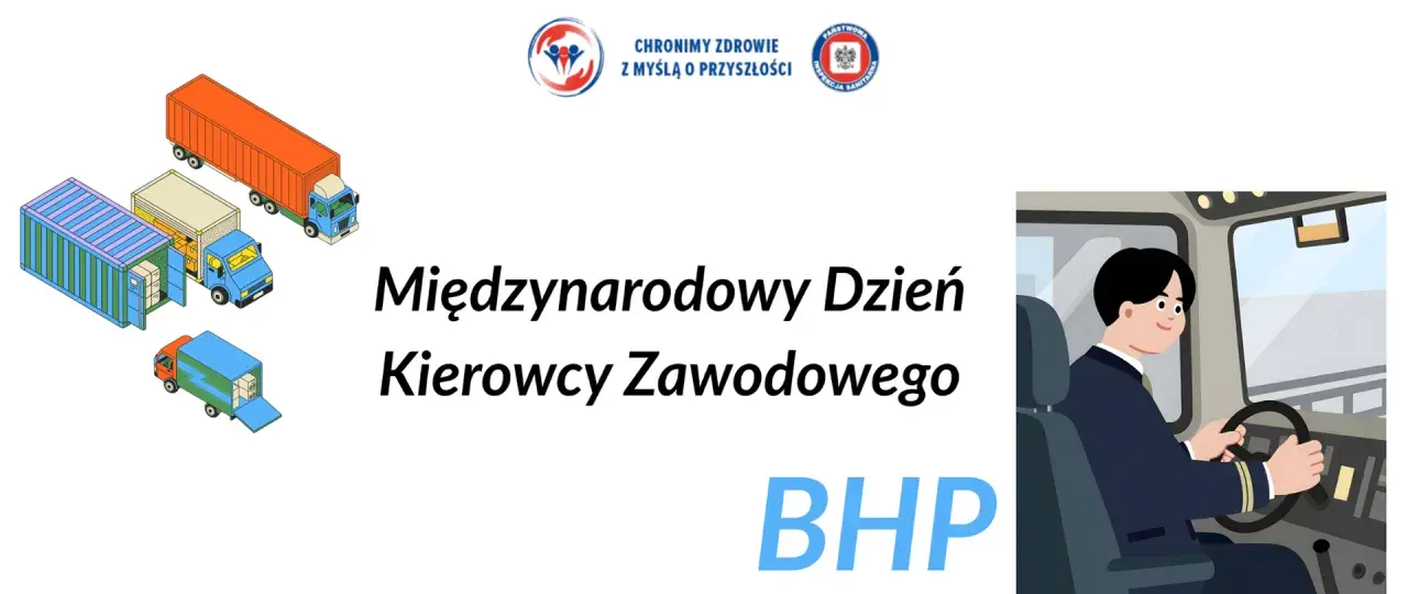 Międzynarodowy Dzień Kierowcy Zawodowego. Ilustracja przedstawia kierowcę za kierownicą i różne ciężarówki.