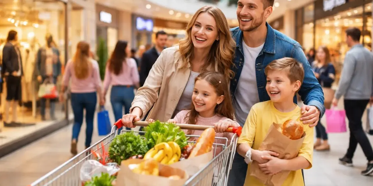 Uśmiechnięta rodzina z wózkiem pełnym zakupów w centrum handlowym. Czy dzisiaj jest niedziela handlowa?