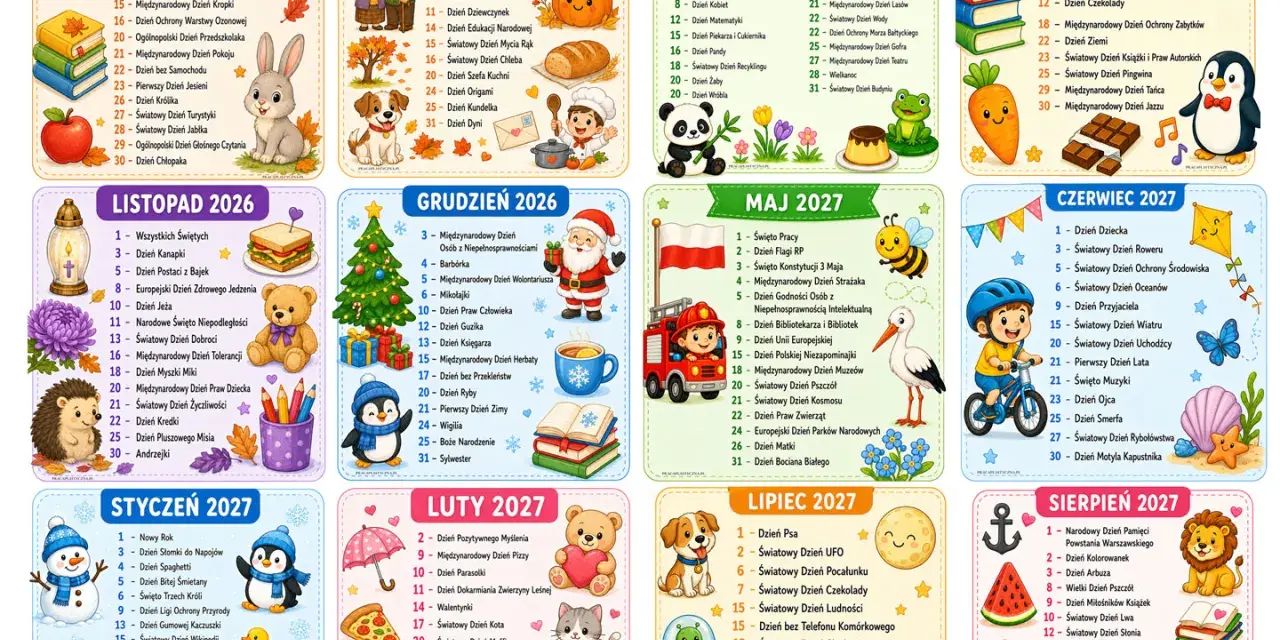 Kalendarz 2026/2027 z ilustracjami. 7 października nietypowe święta, np. Dzień Marchewki i Dzień Zdrowia.