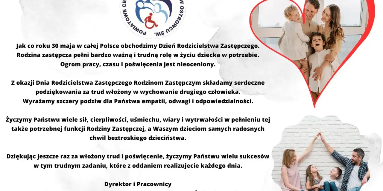 Rodzina zastępcza z dziećmi w sercu i logo centrum pomocy rodzinie.