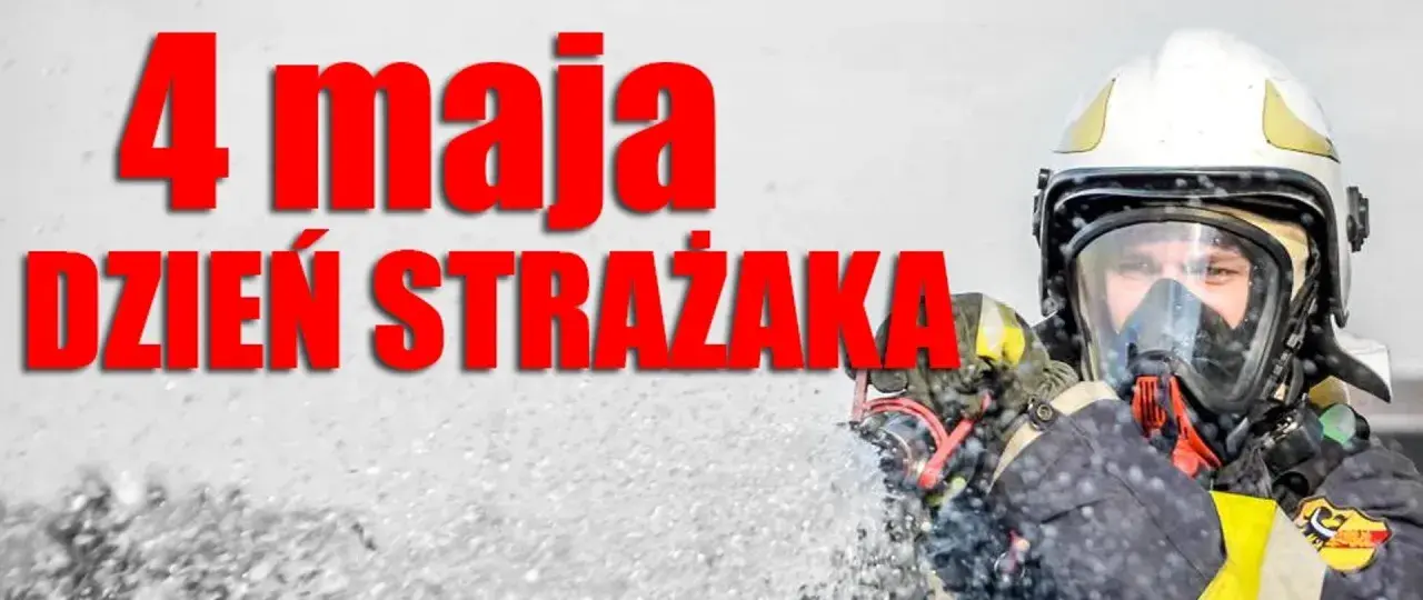 4 maja, Dzień Strażaka. Strażak w pełnym rynsztunku, z maską na twarzy, gotowy do akcji.