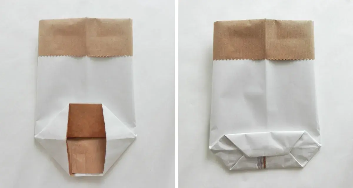 Dwie wersje torebki z papieru diy. Lewa pokazuje dno w trakcie składania, prawa – gotowe, płaskie dno.
