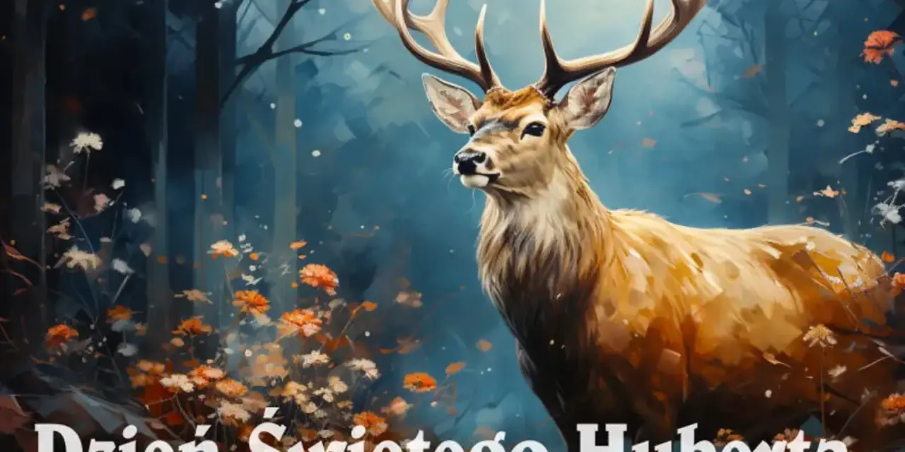 Majestatyczny jeleń z imponującym porożem w jesiennym lesie. Napis "Dzień Świętego Huberta" podkreśla uroczysty charakter sceny.