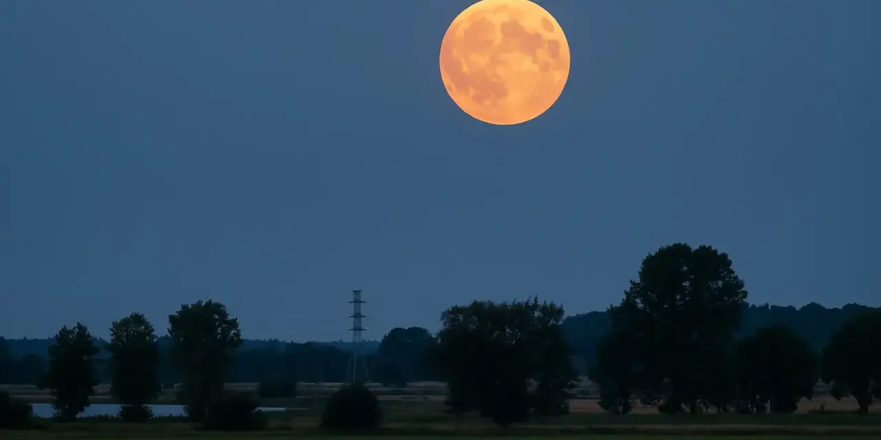 Pomarańczowa pelnia w sierpniu wschodzi nad drzewami i polem.