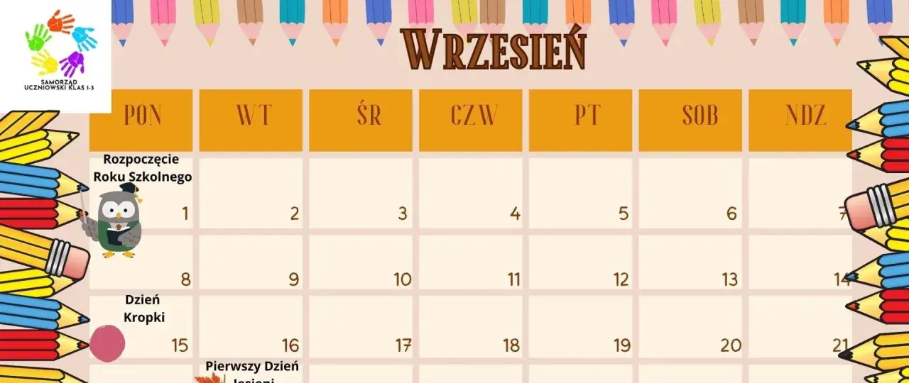 Kalendarz na wrzesień z sową w czapce absolwenta i kolorowymi kredkami. 1 września to rozpoczęcie roku szkolnego.