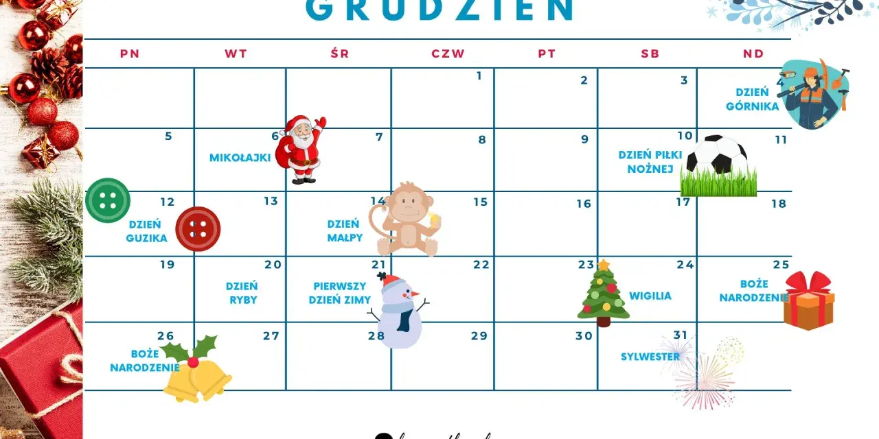 Kalendarz na grudzień z Mikołajkami, Dniem Piłki Nożnej, Wigilią i Bożym Narodzeniem.