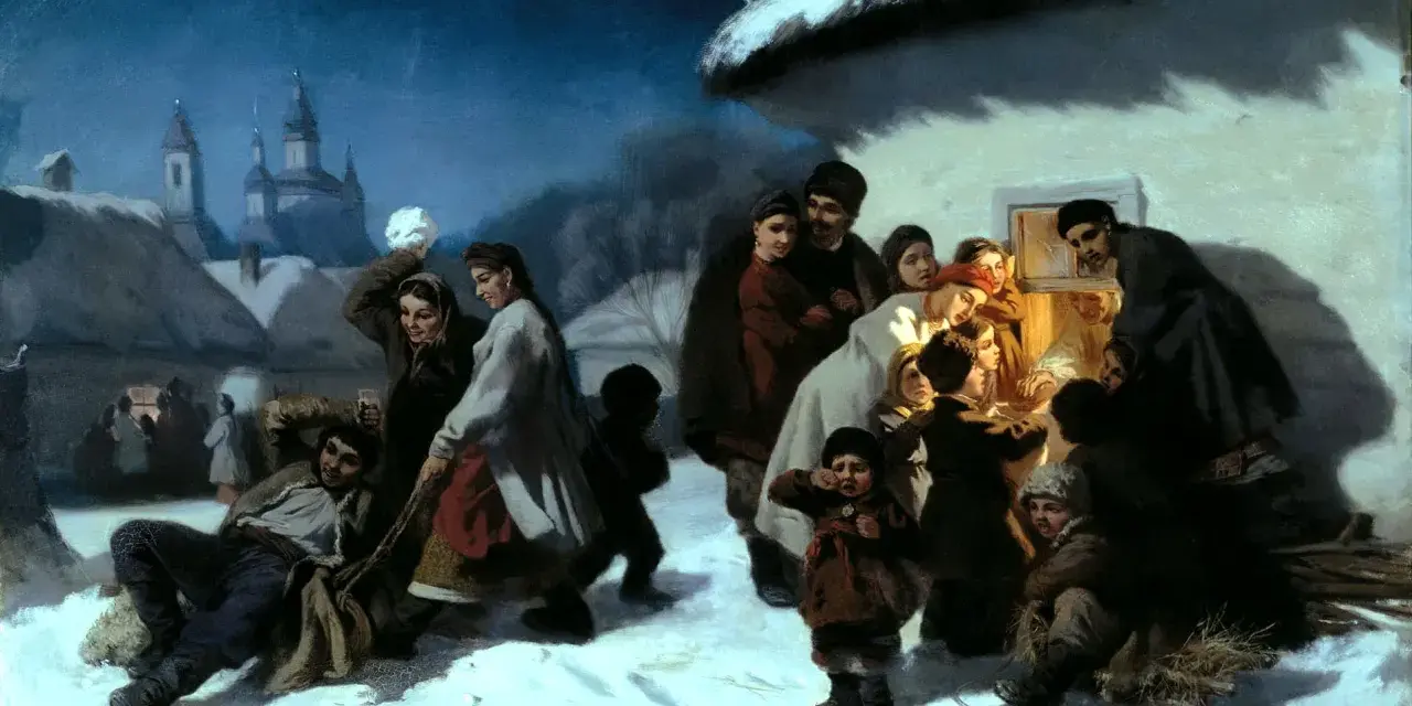 Grupa ludzi świętuje szczodre gody na mroźnym, nocnym tle. Dzieci bawią się na śniegu, a dorośli gromadzą się przy oknie, by ogrzać się przy ogniu.
