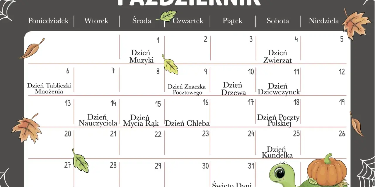 Październikowy kalendarz z jesiennymi liśćmi i żółwiem z dynią. 8 października to Dzień Znaczka Pocztowego. Święta nietypowe w październiku.