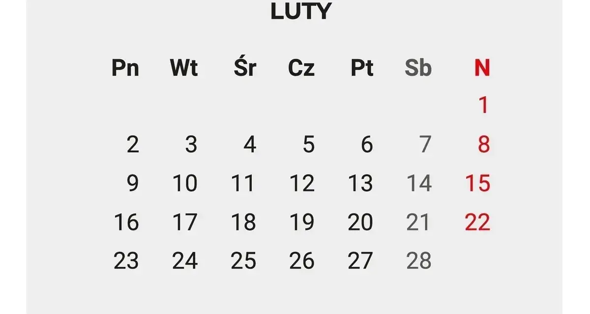 Kalendarz luty 2026. Widoczne dni tygodnia i daty, z zaznaczonymi czerwonymi cyframi dniami 1, 8, 15, 22.