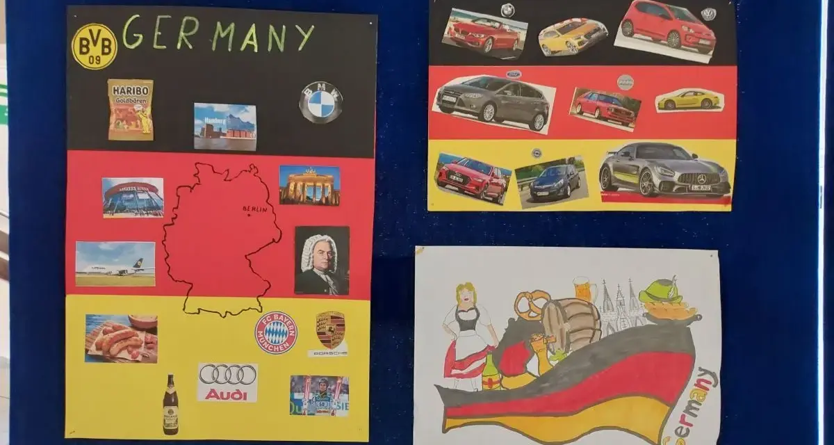 3 października święto Niemiec. Kolaż z symbolami kraju: mapą, samochodami, jedzeniem i zabytkami.
