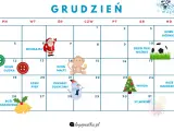 Kalendarz na grudzień z Mikołajkami, Dniem Piłki Nożnej, Wigilią i Bożym Narodzeniem.