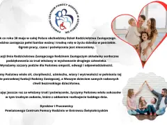 Rodzina zastępcza z dziećmi w sercu i logo centrum pomocy rodzinie.