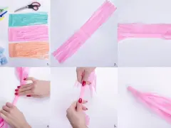 Instrukcja krok po kroku, jak zrobić girlandę diy z bibuły. Kolorowe paski bibuły składane i skręcane tworzą efektowne ozdoby.