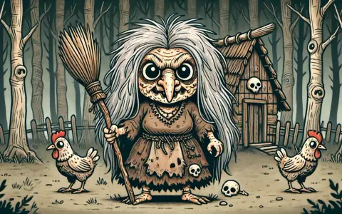 Baba Jaga z miotłą i kurami przed chatką w lesie.