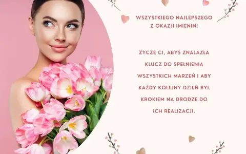 Kobieta z bukietem różowych tulipanów świętuje imieniny Maksymiliana. Życzenia spełnienia marzeń.