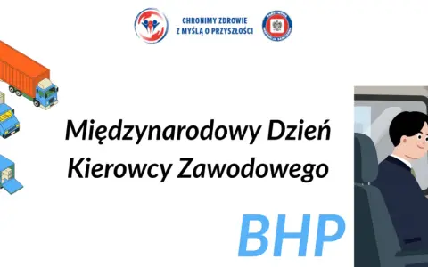 Międzynarodowy Dzień Kierowcy Zawodowego. Ilustracja przedstawia kierowcę za kierownicą i różne ciężarówki.