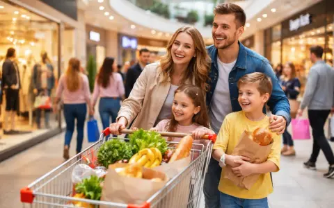 Uśmiechnięta rodzina z wózkiem pełnym zakupów w centrum handlowym. Czy dzisiaj jest niedziela handlowa?