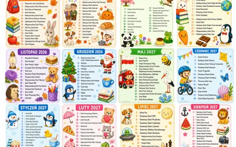 Kalendarz 2026/2027 z ilustracjami. 7 października nietypowe święta, np. Dzień Marchewki i Dzień Zdrowia.