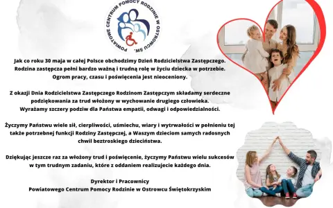 Rodzina zastępcza z dziećmi w sercu i logo centrum pomocy rodzinie.