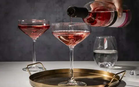 Różowe wino nalewane do kieliszków. Zastanawiasz się, jakie kieliszki do jakiego wina? Tutaj widzimy kieliszki typu coupe, idealne do szampana i lekkich win musujących.