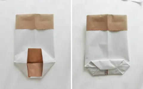 Dwie wersje torebki z papieru diy. Lewa pokazuje dno w trakcie składania, prawa – gotowe, płaskie dno.