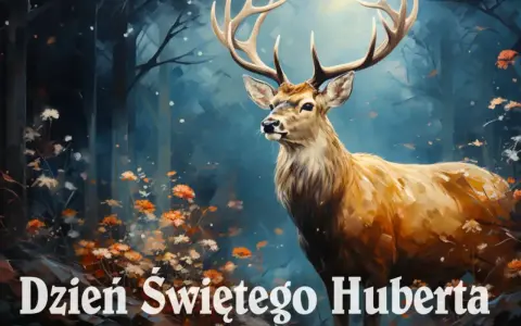Majestatyczny jeleń z imponującym porożem w jesiennym lesie. Napis "Dzień Świętego Huberta" podkreśla uroczysty charakter sceny.