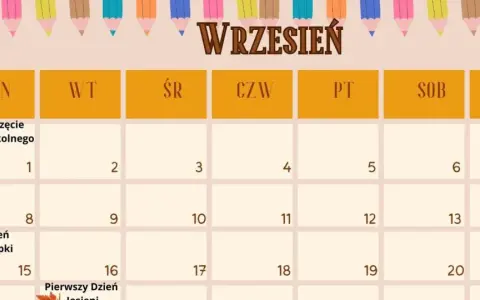 Kalendarz na wrzesień z sową w czapce absolwenta i kolorowymi kredkami. 1 września to rozpoczęcie roku szkolnego.
