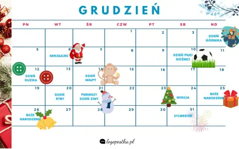 Kalendarz na grudzień z Mikołajkami, Dniem Piłki Nożnej, Wigilią i Bożym Narodzeniem.