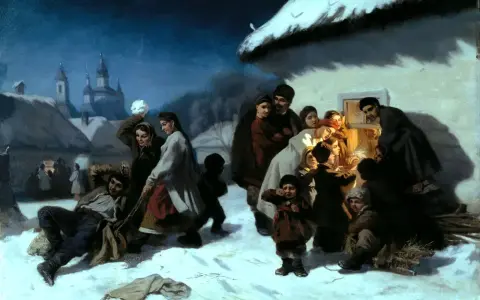 Grupa ludzi świętuje szczodre gody na mroźnym, nocnym tle. Dzieci bawią się na śniegu, a dorośli gromadzą się przy oknie, by ogrzać się przy ogniu.