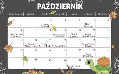 Październikowy kalendarz z jesiennymi liśćmi i żółwiem z dynią. 8 października to Dzień Znaczka Pocztowego. Święta nietypowe w październiku.