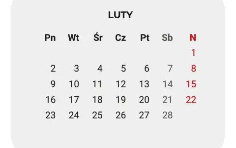 Kalendarz luty 2026. Widoczne dni tygodnia i daty, z zaznaczonymi czerwonymi cyframi dniami 1, 8, 15, 22.