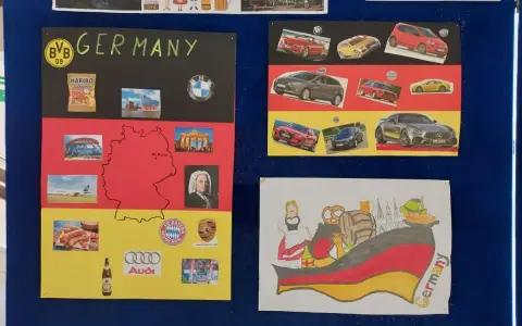 3 października święto Niemiec. Kolaż z symbolami kraju: mapą, samochodami, jedzeniem i zabytkami.