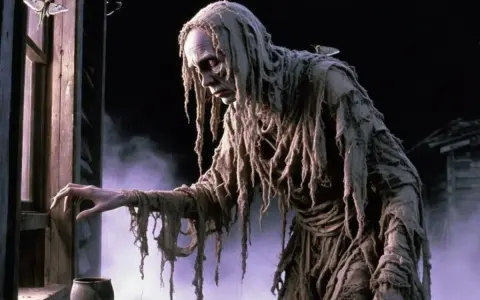 Stary, obdarty bieda demon w szarych szatach, z ćmą na ramieniu, wyciąga rękę do okna.