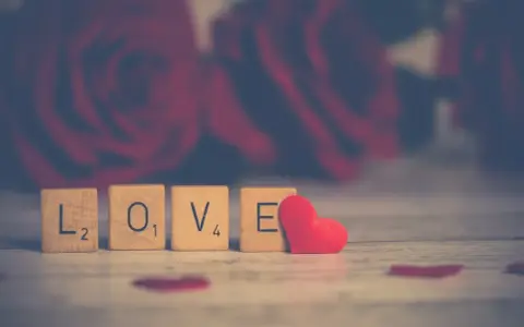 Drewniane klocki z napisem "LOVE" i czerwone serce na tle róż. Od kiedy obchodzimy walentynki w Polsce?