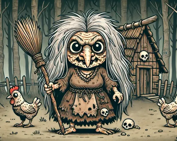 Baba Jaga z miotłą i kurami przed chatką w lesie.