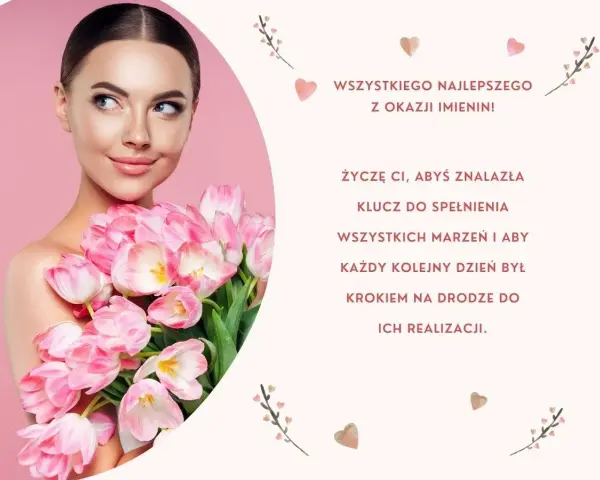 Kobieta z bukietem różowych tulipanów świętuje imieniny Maksymiliana. Życzenia spełnienia marzeń.