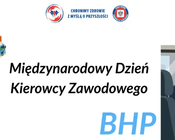 Międzynarodowy Dzień Kierowcy Zawodowego. Ilustracja przedstawia kierowcę za kierownicą i różne ciężarówki.