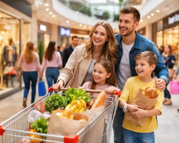 Uśmiechnięta rodzina z wózkiem pełnym zakupów w centrum handlowym. Czy dzisiaj jest niedziela handlowa?