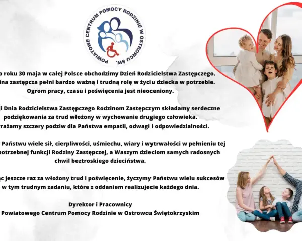 Rodzina zastępcza z dziećmi w sercu i logo centrum pomocy rodzinie.