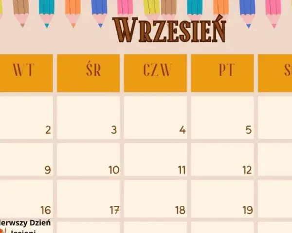 Kalendarz na wrzesień z sową w czapce absolwenta i kolorowymi kredkami. 1 września to rozpoczęcie roku szkolnego.