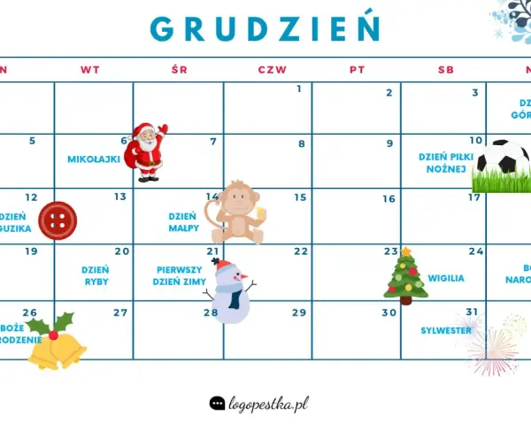 Kalendarz na grudzień z Mikołajkami, Dniem Piłki Nożnej, Wigilią i Bożym Narodzeniem.